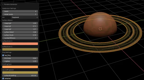 Screenshot of Gas planet being made with blender addon